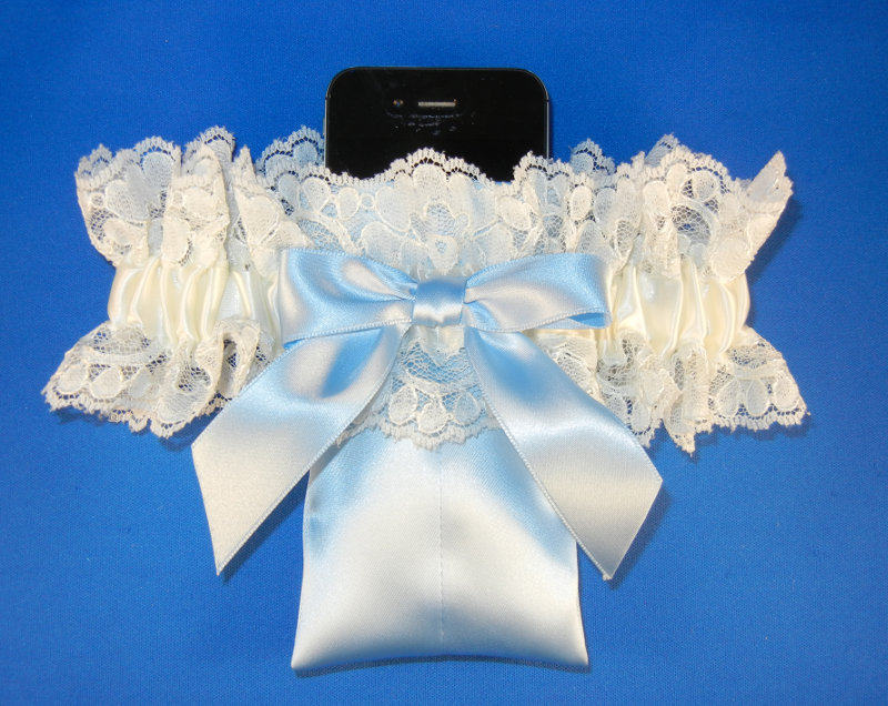 Ivory Lace Cell Phone Pocket Garter with Blue Bow